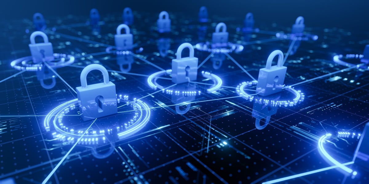 Digital security concept with glowing blue padlocks representing data privacy and protection