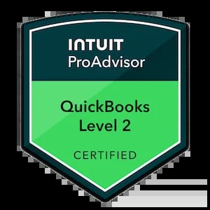Intuit ProAdvisor QuickBooks Level 2 Certified badge with teal and green shield design